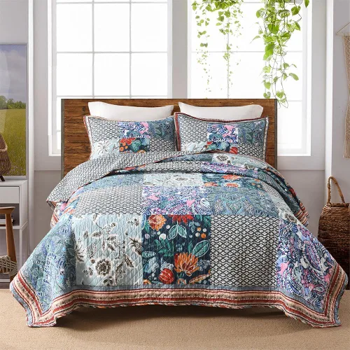 Vista 10 de VISIMISI - Juego de colcha de algodón, juego de cubrecama reversible de retazos, 3 piezas, diseño vintage floral de mosaico azul, tamaño queen