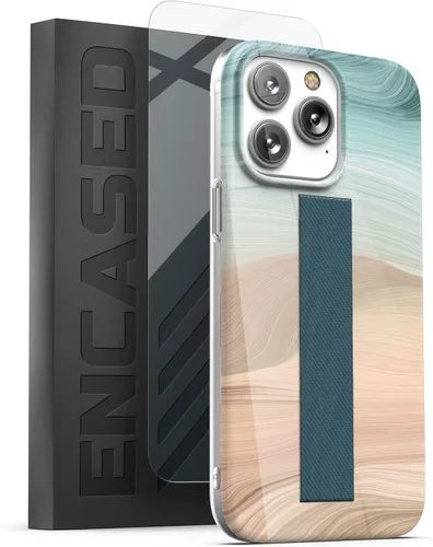 Vista 8 de ENCASED Funda con correa de bucle, compatible con iPhone 14 PRO MAX (2022) con protector de pantalla, mármol negro y dorado
