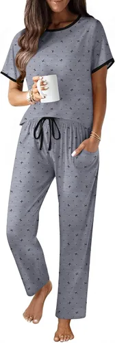 Vista 16 de Ekouaer - Conjunto de pijama de 100% algodón para mujer, manga corta, con pantalón largo, 2 piezas, juego de ropa para dormir con bolsillo