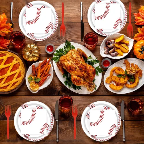 Vista 7 de 96 platos de papel de béisbol y servilletas para fiesta, platos de fiesta de béisbol, servilletas y tenedores, juego de vajilla desechable