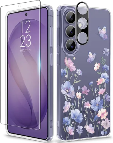 Vista 34 de GVIEWIN Funda protectora para Samsung Galaxy S25, transparente floral, delgada, a prueba de golpes, para mujer, no se pone amarilla, con protector