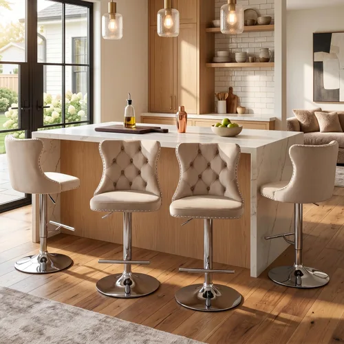 Vista 300 de SoarFlash Juego de 2 taburetes de bar tapizados de terciopelo moderno con patas de madera, botones acolchados, cabeza de clavo cromada, asiento