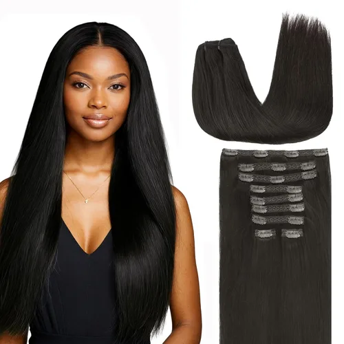 Vista 67 de Lashey Extensiones de cabello humano con clip, sin costuras, #1, color negro azabache, extensiones de cabello humano real, extensiones de cabello