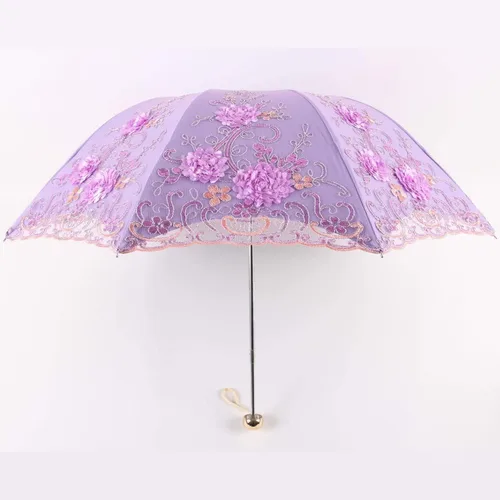 Vista 69 de Honeystore Sombrilla bordada con flor 3D plegable UV con encaje clásico