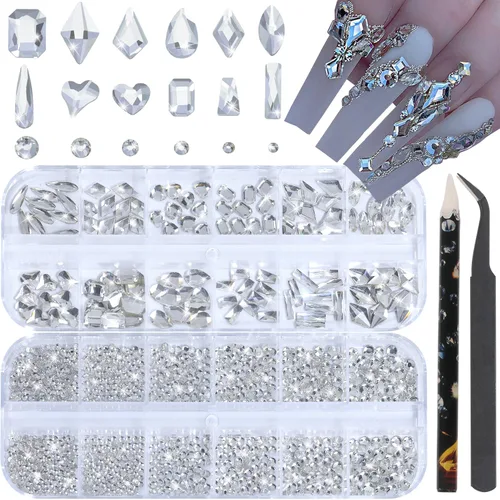 Vista 23 de Diamantes de imitación para uñas, tamaño 3D multiforma, gemas y dijes de cristal AB para uñas, parte trasera plana, con kit para arte de uñas