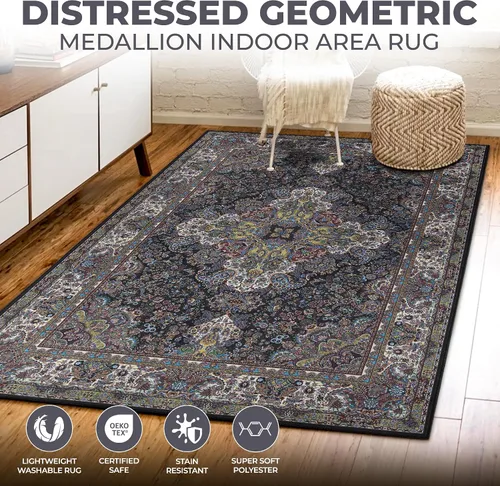 Vista 5 de SUPERIOR Medallion - Alfombra lavable, respaldo de algodón, alfombra para mesa de comedor, alfombra para vestíbulo, de fácil cuidado, alfombra Negro
