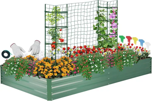 Vista 7 de ONCEMORE Cama de jardín elevada galvanizada para verduras, flores, hierbas, kit de cama de jardín elevada de metal con 2 jaulas de tomate, guantes