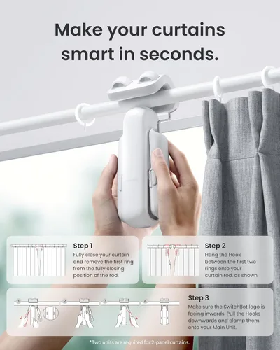 Vista 2 de SwitchBot - 2 paquetes de abridor de cortinas inteligente automático con Hub3 - Control remoto Bluetooth con aplicación/temporizador, motor de alto