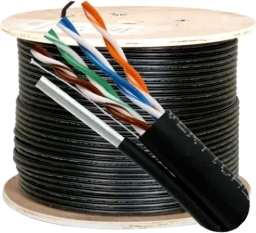 Vista 4 de Cable Vertical Cat5e, 350 Mhz, Total Blindado, Chaqueta UV, Exterior, CMX, Messenger, 1000ft, Negro, Cable Ethernet a granel, Bobina de madera