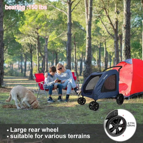 Vista 4 de Cochecito de viaje grande para perros con 4 ruedas resistentes, con mango ajustable, doble capacidad para perros con puerta delantera trasera