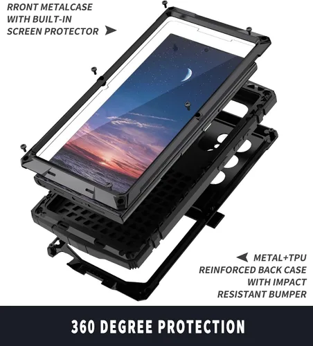 Vista 4 de Funda de metal para Samsung Galaxy S24 con protector de pantalla con función atril, funda para cámara S24, resistente armadura militar duradera