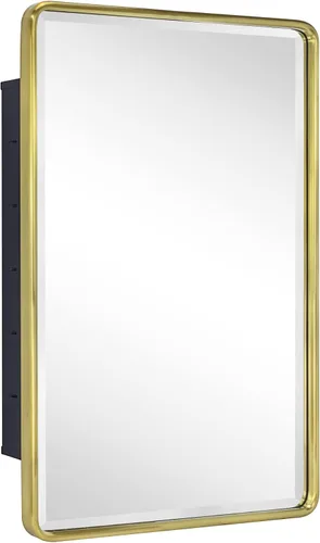Vista 4 de TEHOME Botiquín de baño empotrado con marco de metal dorado cepillado con espejo rectangular redondeado con espejo biselado de 16 x 24 pulgadas