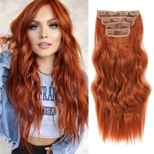 Vista 17 de Extensiones de cabello ondulado largo con clip, 4 piezas de extensiones de cabello sintético grueso con clip, para mujer (#4)