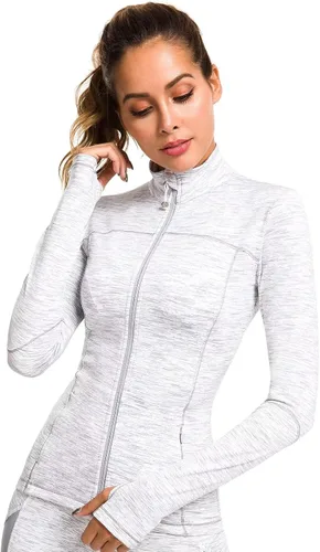 Vista 2 de QUEENIEKE Chaquetas de correr para mujer con cremallera, chaquetas atléticas ajustadas para entrenamiento, gimnasio, yoga, pista, con bolsillos