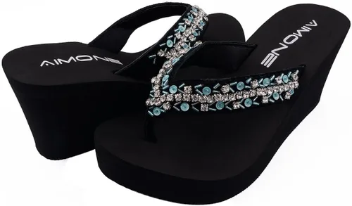 Vista 6 de AIMONE -Appoline Sandalias de cuña para mujer, sandalias de plataforma negra con brillantes, zapatos elegantes para mujer