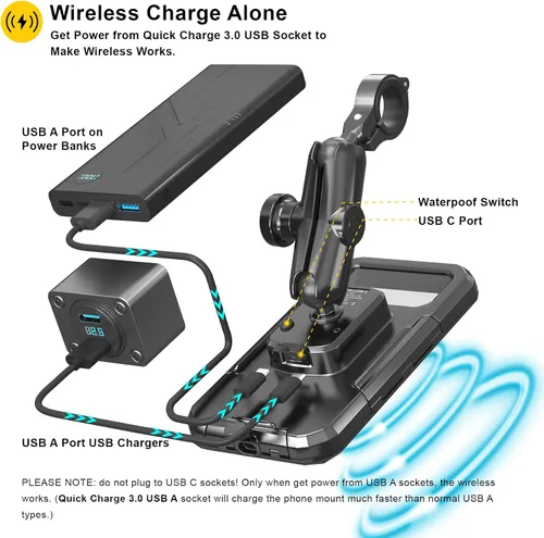 Vista 3 de iMESTOU Soporte inalámbrico impermeable para motocicleta con cargador rápido USB-C, soporte antirrobo de teléfono de bola de 1 pulgada con base