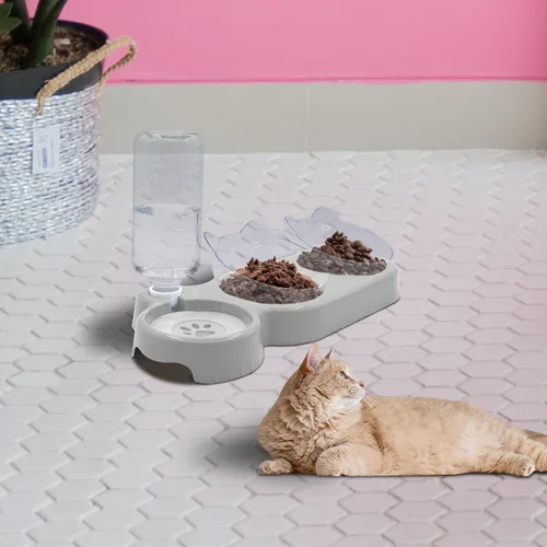 Vista 8 de Cuencos triples para gatos, alimentador de agua 3 en 1 y cuencos de comida con botella de agua automática, aptos para bigotes, platos de Plomo blanco