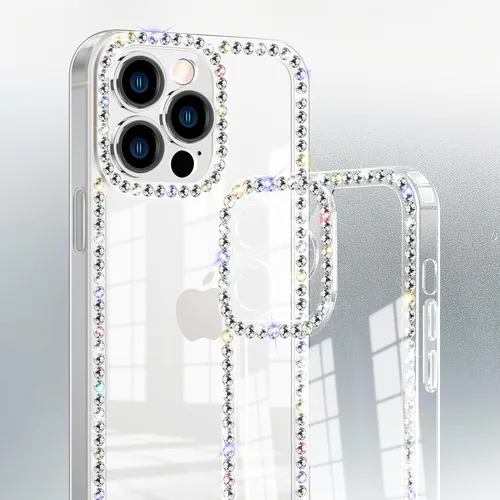 Vista 4 de Funda para iPhone 15, diseño de diamantes de imitación con purpurina, bonita para niñas y mujeres, con purpurina brillante y gemas de diseño