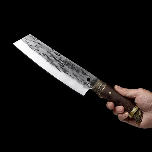 Vista 2 de Cuchillo de carne Longquan de 8.5 pulgadas, cuchillo de chef forjado a mano, cuchillo de carnicero para el hogar, cabeza de águila, mango de madera