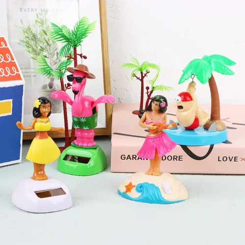Vista 3 de Paquete de 4 juguetes bailarines alimentados por energía solar de Hawaii Girl Flapping Wings Flamingo Car Shaking Head Dancer Doll Hawaii Toy Swing