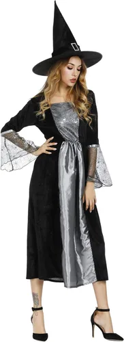 Vista 4 de Zhitunemi Disfraz de bruja para mujer, vestido de hechicera, sombrero de bruja malvada de araña, disfraces