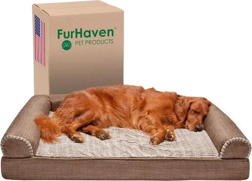 Vista 26 de Furhaven Cama para perro, de espuma viscoelástica, estilo sofá, Sherpa y chenilla, crema, M