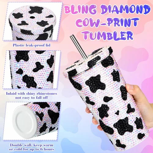Vista 3 de Yaomiao Botella de agua con estampado de vaca, vaso de diamantes de imitación para mujer, botella de agua de vaca con purpurina de 17 onzas