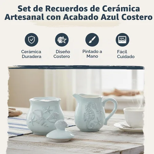 Vista 4 de Blue Sky Ceramics Sky Ceramic Laguna Coastal Sugar and Creamer Set Azul, Multi (20463)
