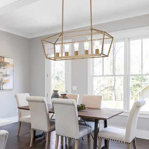 Vista 7 de Lámpara moderna de 5 luces para isla de cocina en acabado dorado, lámpara colgante industrial con marco de metal para comedor, vestíbulo, cafetería