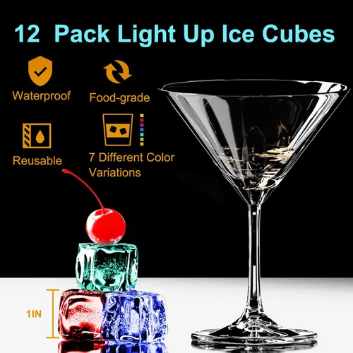 Vista 2 de 12 cubos de hielo impermeables con luz LED para bebidas que cambian de color, parpadean en la oscuridad, para bar, club, beber, fiesta, vino, boda