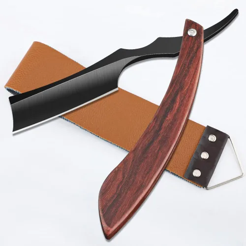 Vista 11 de Navaja de afeitar recta con estropajo - Afeitadora profesional de borde recto de acero inoxidable premium para barbero con estropajo para aseo