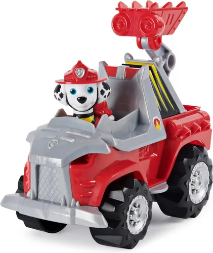 Vista 3 de PAW Patrol, Dino Rescue Marshall's Deluxe Rev Up Vehículo con figura de dinosaurio misterioso