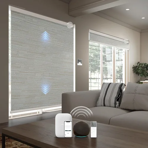 Vista 10 de Persianas inteligentes personalizadas de 110 pulgadas de ancho para ventanas grandes, persianas enrollables motorizadas 100% opacas compatibles