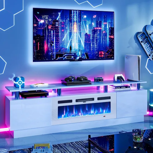 Vista 16 de oneinmil Soporte de TV con chimenea de 70 pulgadas para sala de estar, centro de entretenimiento con chimenea eléctrica con luces LED dobles