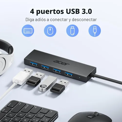 Vista 2 de Acer Hub USB 4 Puertos, Hub USB 3.0 Múltiple, Divisor USBA para Laptop con Puerto de Alimentación Tipo C, Extensor para Laptop de Puerto A, PC