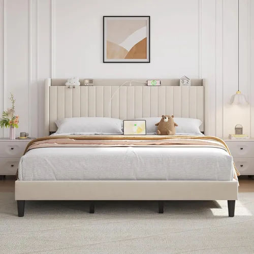 Vista 14 de Yaheetech Base de cama tamaño Queen con estación de carga USB y estante de almacenamiento/plataforma de cabecera tapizada con lado de ala/soporte