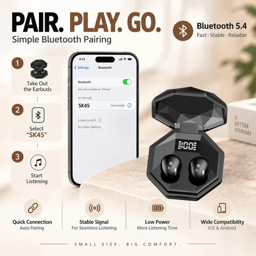 Vista 7 de Invisible Sleep Earbuds for Side Sleepers, Ultra-Small Wireless Bluetooth, Mini Headphones with 24H Playtime, Diamond-Cut Case, Black
