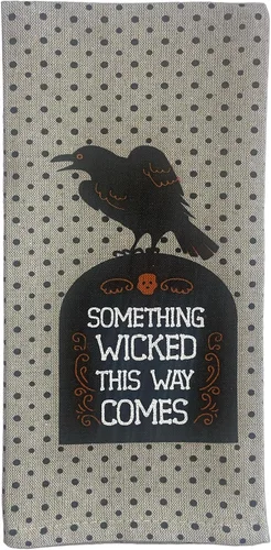 Vista 3 de Juego de 6, toallas de cocina 100% algodón para Halloween, casa encantada, Heebies Jeebies, Something Wicked This Way Comes Size: 15 "x 25".