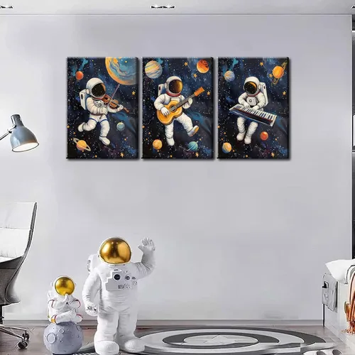 Vista 5 de 3 piezas de arte de pared de astronauta espacial musiic lienzo lindo astronauta músico decoración imágenes divertidas piano guitarra violín carteles