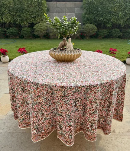Vista 30 de Mantel redondo con estampado de bloque a mano, 100% algodón, reutilizable, color verde espárragos, 60 pulgadas, mantel decorativo para uso diario