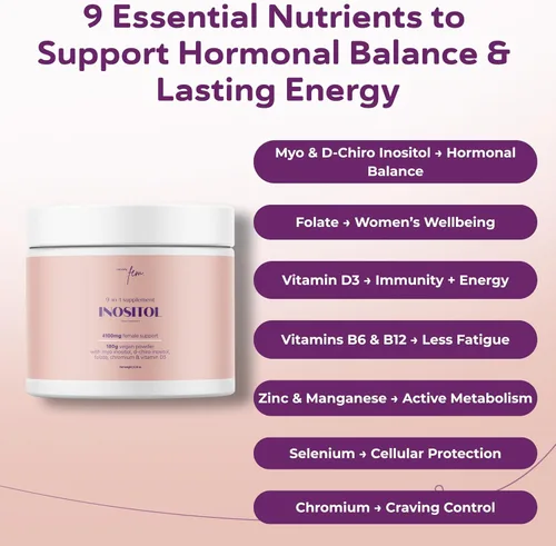 Vista 3 de QSTA Suplemento de mio-inositol y D-Chiro inositol para mujeres 4100 mg (proporción 40: 1) - Soporte hormonal y metabólico 9 en 1 con mioinositol.