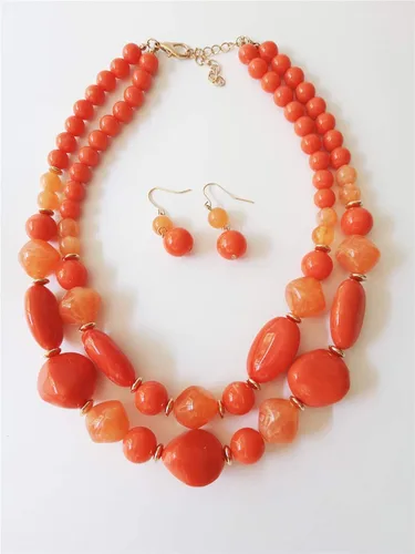 Vista 2 de Ufraky Juego de aretes de collar de 2 capas de hilo grueso para mujeres y niñas, regalo de joyería, Plástico