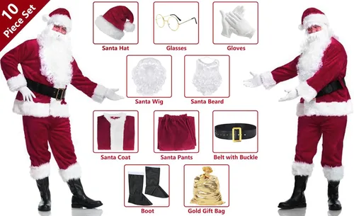 Vista 2 de ZIW Santa Claus Costume for Men 10pcs Deluxe Adults Santa Suit Christmas Xmas Santa Outfit