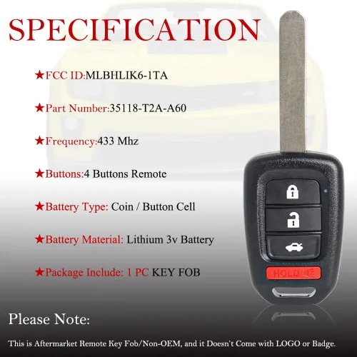 Vista 4 de MechanMagic Llavero de Repuesto para Llave de Coche Compatible con Honda Civic 2016 2017 2018 2019 2020/Accord 2016 2017 MLBHLIK6-1TA Control Remoto