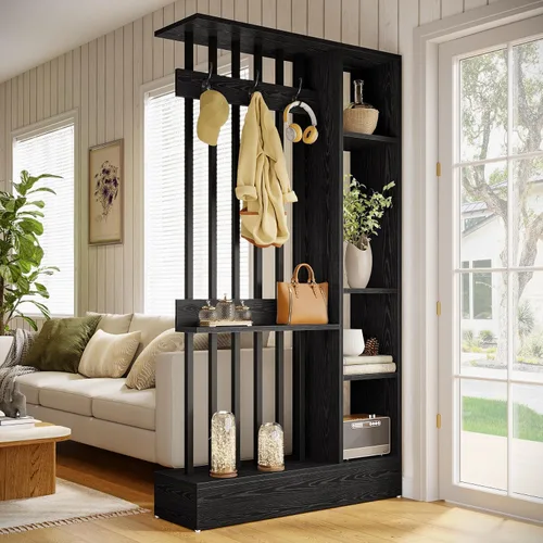 Vista 4 de Tribesigns Divisor de pared de habitación, estantería independiente de madera con estantes y ganchos para abrigos, 71 pulgadas, moderna partición