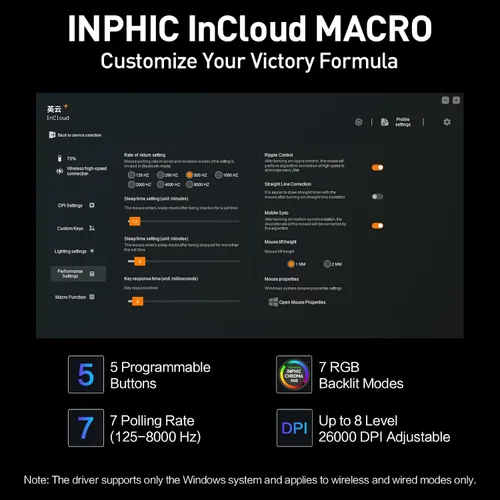 Vista 6 de INPHIC IN10P Superlight - Mouse inalámbrico para juegos, 2.12 oz, tasa de sondeo de 8K, 26,000 DPI, trimodo, sensor PAW3395, totalmente programable