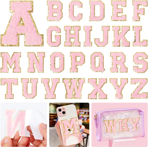 Vista 10 de KINGSOW Parches de letras autoadhesivas rosa: parche bordado de chenilla con letras estilo universitario