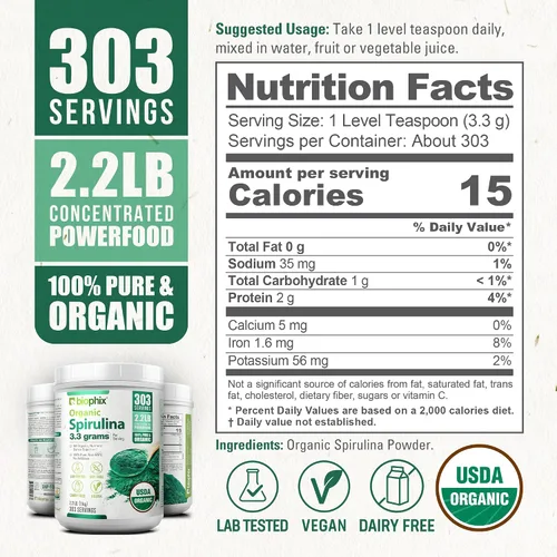 Vista 4 de biophix Polvo de espirulina orgánica, 2.2 libras 100% pura espirulina azul verde algas en polvo, vegano, sin OMG, no irradiado, certificado USDA