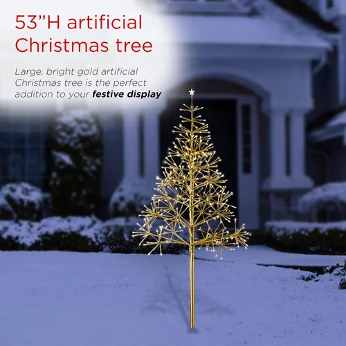 Vista 4 de Alpine Corporation Árbol de Navidad artificial festivo para interiores y exteriores de 53 pulgadas de alto con luces LED blancas cálidas, dorado