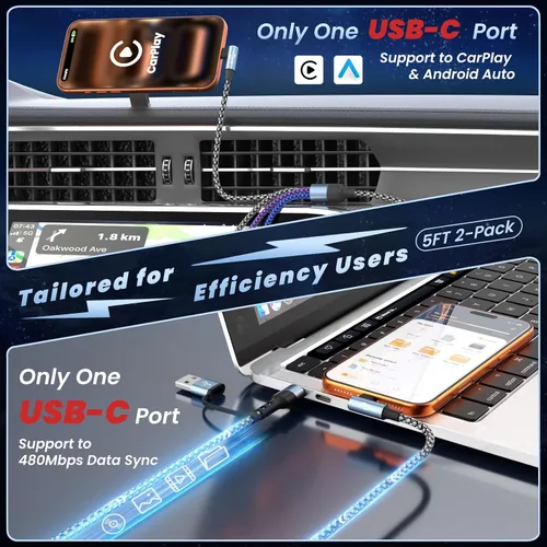 Vista 7 de Cargador de teléfono de 90 grados, cable de carga múltiple 4 en 2, cable USB C CarPlay con doble tipo C, micro USB, puerto IP, cable USBC de nailon